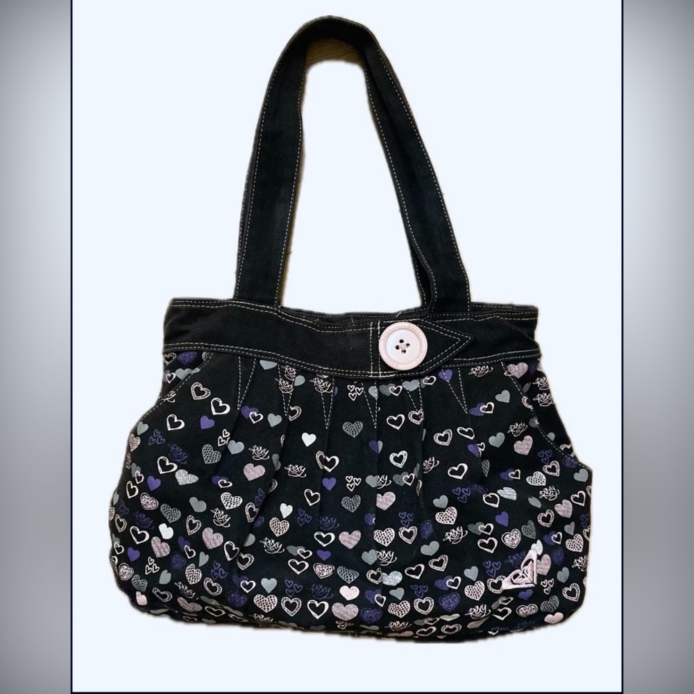 Y2K Roxy Black Shoulder Bag with Purple & Pink Heart Print